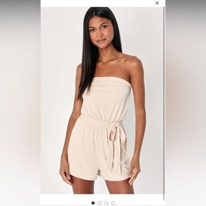 Lulus Leisurely Moments Beige Ribbed Knit Strapless Lounge Romper